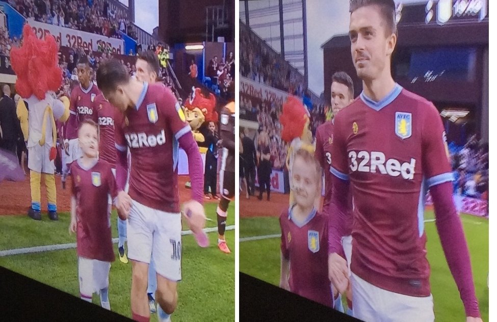 rebeccamcgrath's tweet photo. Have to say got a bit emotional watching this on Sky earlier. The young man walking out with @JackGrealish1 is going through his third treatment with cancer. JG arranged for Josh to be mascot tonight and paid for his kit. As a #avfc fan that's why I love my club. #avfc @bicovico https://t.co/7rGtJZmXbD
