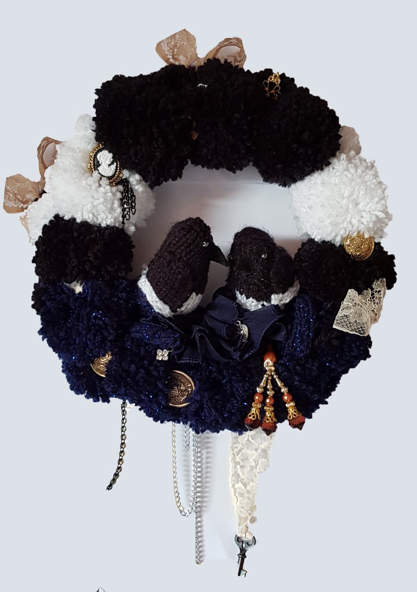 #magpies #knittedart #twoforjoy #pompomwreath #gothic #knittedart #knitting available now at charliescrazycouture.com #weddingwreath #valentinesgift #lovegift #quirkywallart