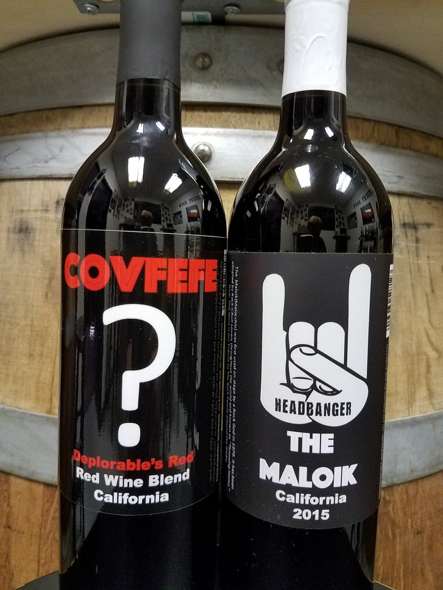 desertrockin's tweet photo. @greggutfeld @GregGutfeldShow We'll trade you these two gems of ours for a signed copy of your book for our tasting room?  #Covfefe #CovfefeWines #drinkheadbanger https://t.co/aDI7pkQHwW