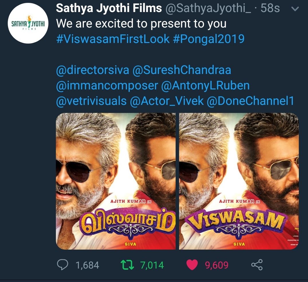 unnuviews's tweet photo. #MersalFirstLook peak Time Release 5.5k RT and 7.4k Favs in more than one minute. 

#ViswasamFirstLook Mid night 3.40am Release 7k RT and 9.6k in just 58 seconds. 😎

ALL RECORDS UNDER THALA FEET https://t.co/98vWoNvISG