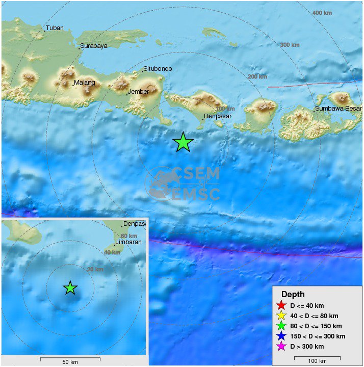 Felt #earthquake (#gempa) M5.0 strikes 67 km SW of #Denpasar (#Indonesia) 22 min ago. Please report to: emsc-csem.org/Earthquake/ear…