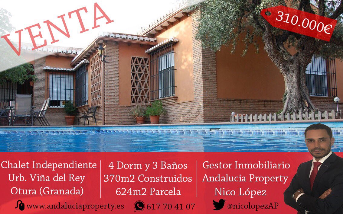 En Venta| Chalet Independiente en Urb Viña del Rey de Otura (Granada).
☑️4 Dormitorios🛏
☑️3 Baños🚽🛁
☑️Piscina🏊🏻‍♀️
☑️Solárium ☀️😎
☑️Barbacoa🥓🥩
☑️Garaje🚘🛵
☑️Zonas deportivas ⛹️‍♂️🏓⚽️

💻andaluciaproperty.es/vivienda/viña-…