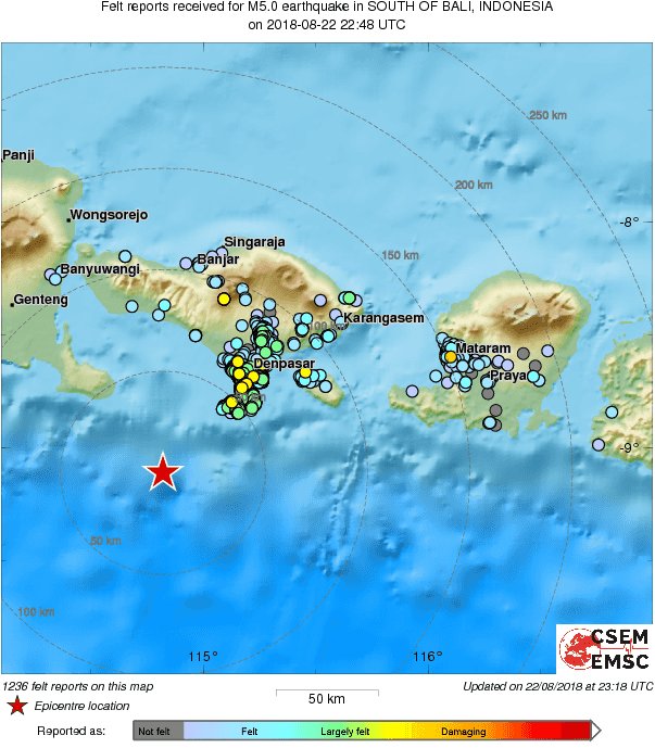 LastQuake's tweet photo. M5.0 #earthquake (#gempa) strikes 67 km SW of #Denpasar (#Indonesia) 30 min ago. Updated map of its effects: https://t.co/aoIeHBOVLU