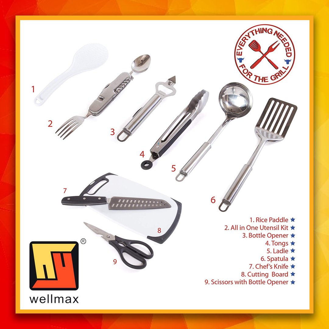 Wellmaxtools's tweet photo. Wellmax Camping Cookware Set has the following: cutting board, 7-in-1 hobo tool, knife, spatula, scissor, rice paddle, can bottle opener, and a travel bag that will keep them all. 🔪🍢🍴

Click here to get your own set: https://t.co/qTZ2riv9dF

#wellmax #amazon #campingutensils https://t.co/oniEL8OK8T