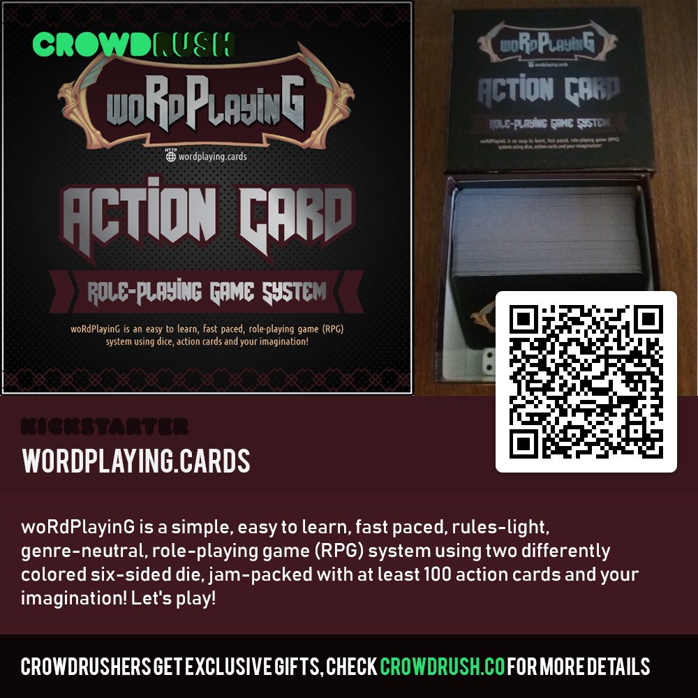 An easy to learn, fast paced, role‑playing game (RPG) system using two six-sided dice, 100 action cards and your imagination.

Learn more at kickstarter.com/projects/18096…

#CrowdFundingExposure