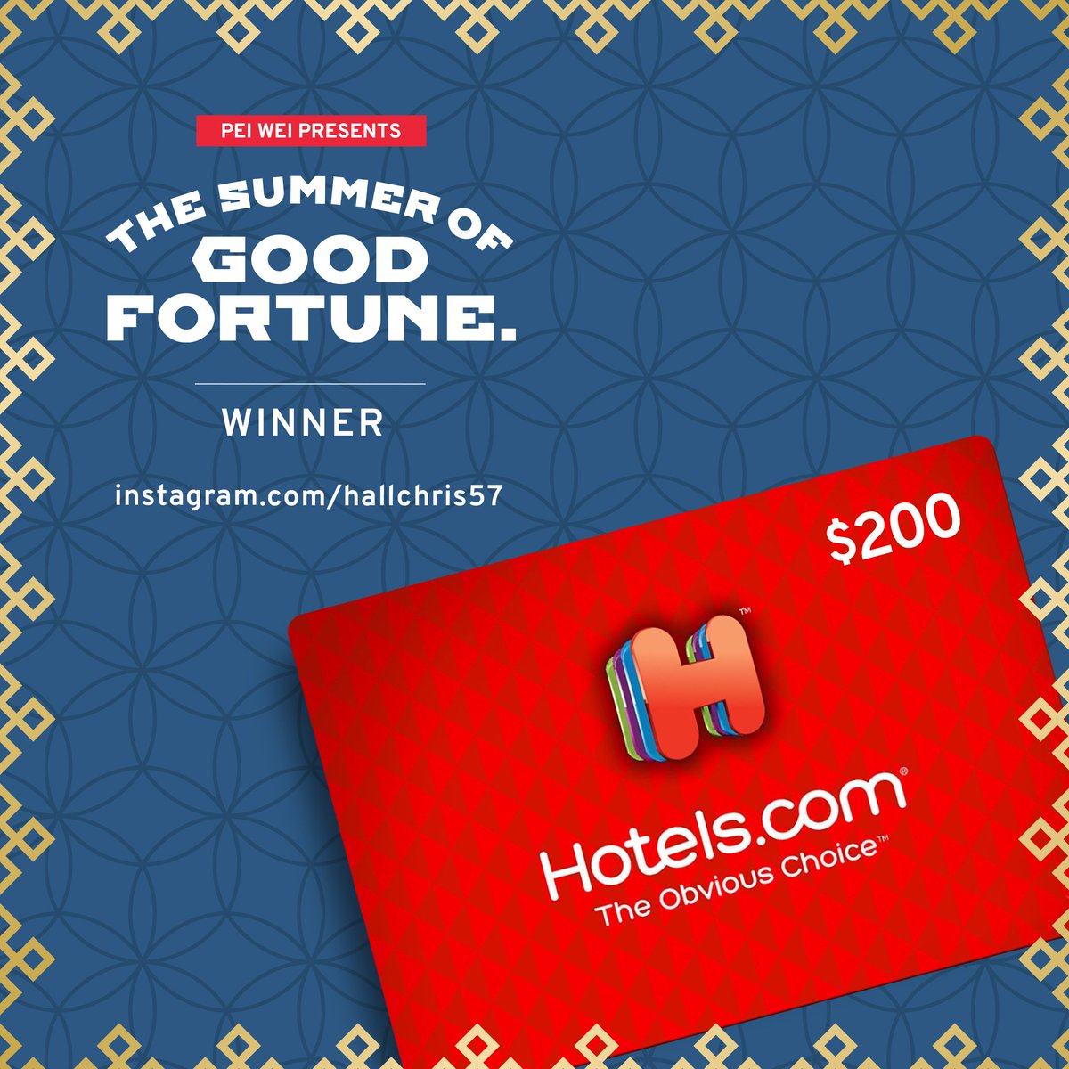 PeiWei's tweet photo. Congrats to IG user hallchris57, yesterday's #GoodFortuneContest winner! We hope he can find a use for this @hotelsdotcom gift card during his travels. https://t.co/5x9Bfgh5KO