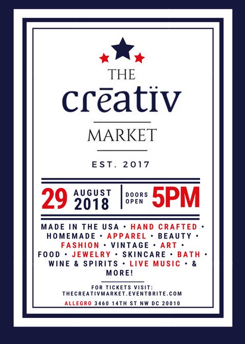 IT’S HERE!! #TheCreativMarket returns on August 29th from 5-8pm <a href="/AllegroDC/">Allegro Apartments</a>! LISTEN to live music + SIP cocktails while you SHOP handmade goods by #DC’s best makers! Join us—it’s FREE! TICKETS: TheCreativMarket.Eventbrite.com