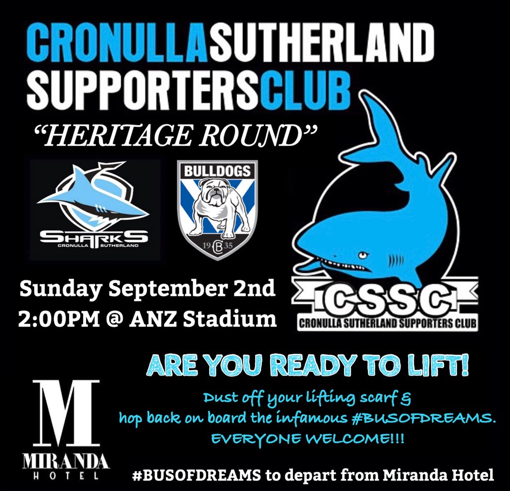 TheCSSC's tweet photo. CSSC OLD BOYS DAY!
•
$20 Bus + Ticket for CSSC Members between 2006-2010!
$30 Bus + Ticket for 2018 CSSC Members
$40 Bus + Ticket for ALL @Cronulla_Sharks Fans!
•
To register for tickets, see the link in our bio!
•
#CSSC18 #UpUpCronulla https://t.co/JNV80KFJYB