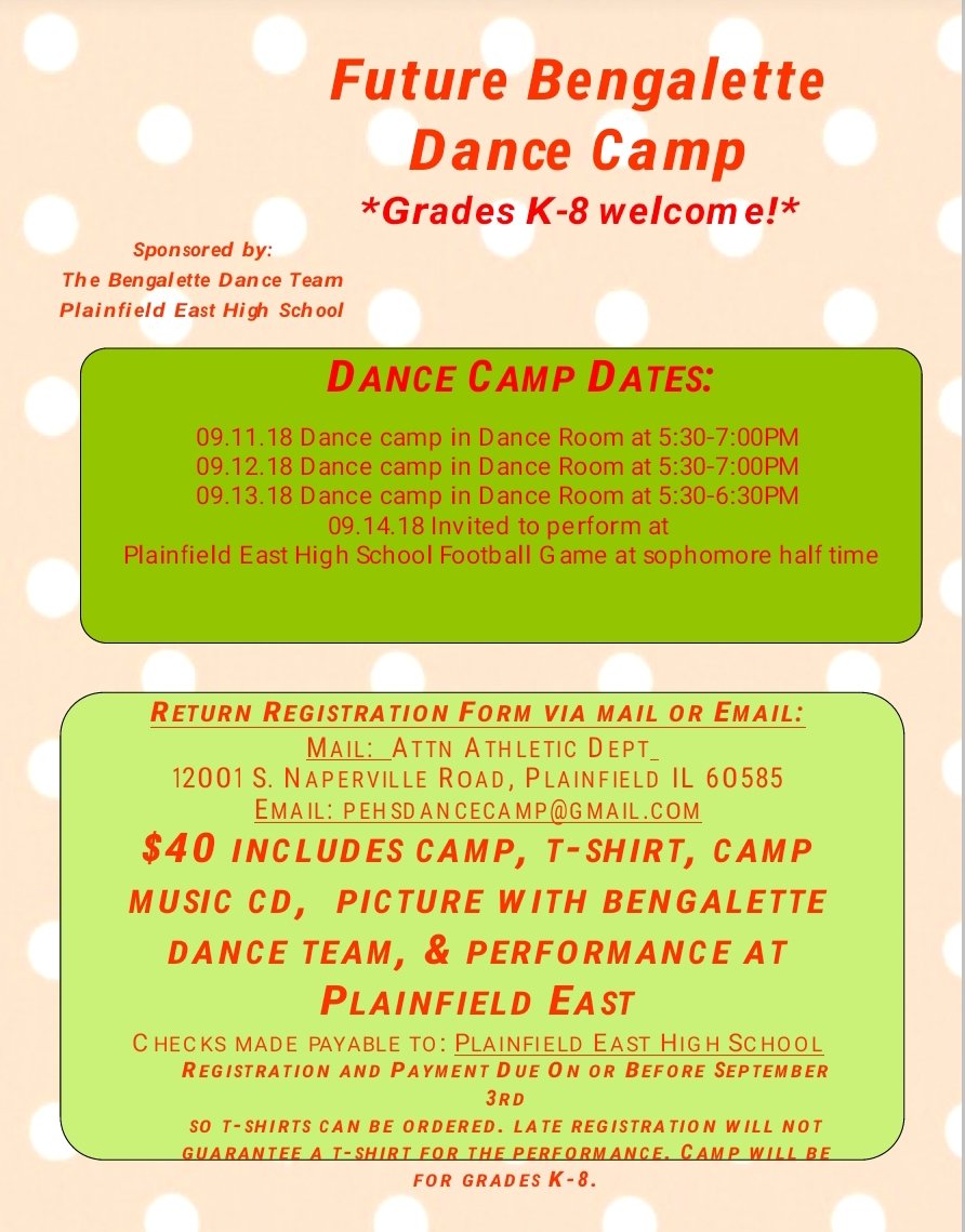 PEHSdance's tweet photo. Join us for the Future Bengalette Dance Camp! Registration is now open and grades k-8 are welcome! https://t.co/MhI7EzrJDg