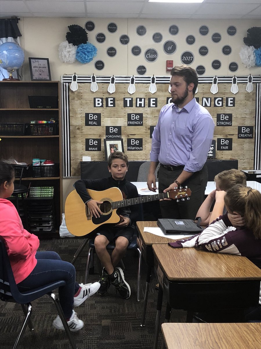 Our first day of music in the classroom!  Learning to move to the beat to Sweet Caroline!  Then we learned about the guitar!  @soaringjeffs @FairburyJeffs #JeffPride #musicineducation