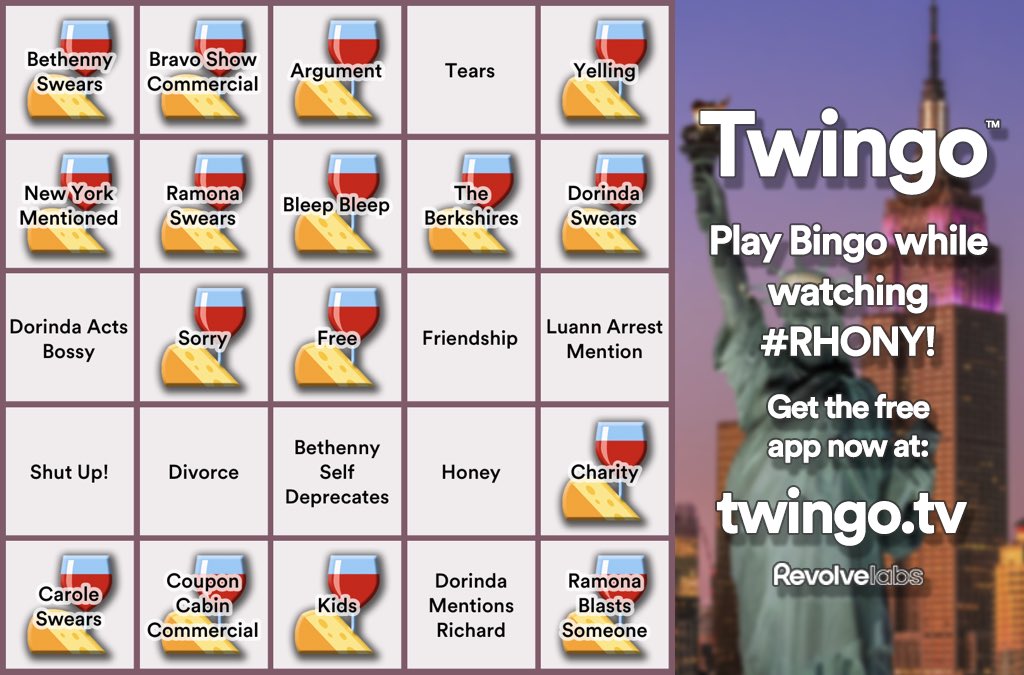 dorindethenny's tweet photo. Playing #Twingo #RHONYBingo while watching #RHONY! Free #LiveTVBingo app at https://t.co/lnjmwbeG1N https://t.co/bgKgDuC4Ia