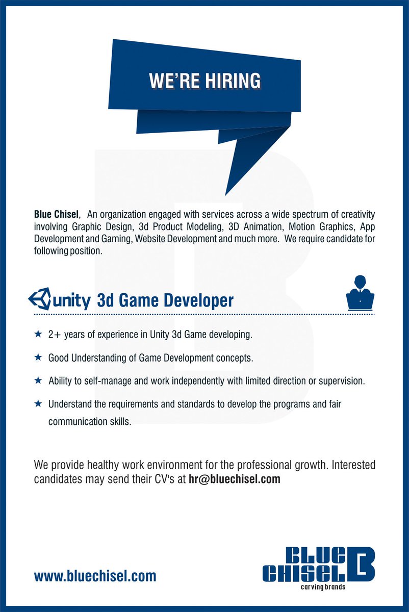 Blue_Chisel's tweet photo. WE ARE HIRING  
We are looking for Unity 3D developer. Interested candidate can apply as soon as possible. Drop your CV in mention email address. hashtag
#unity3d https://t.co/r2aQfjZOcX