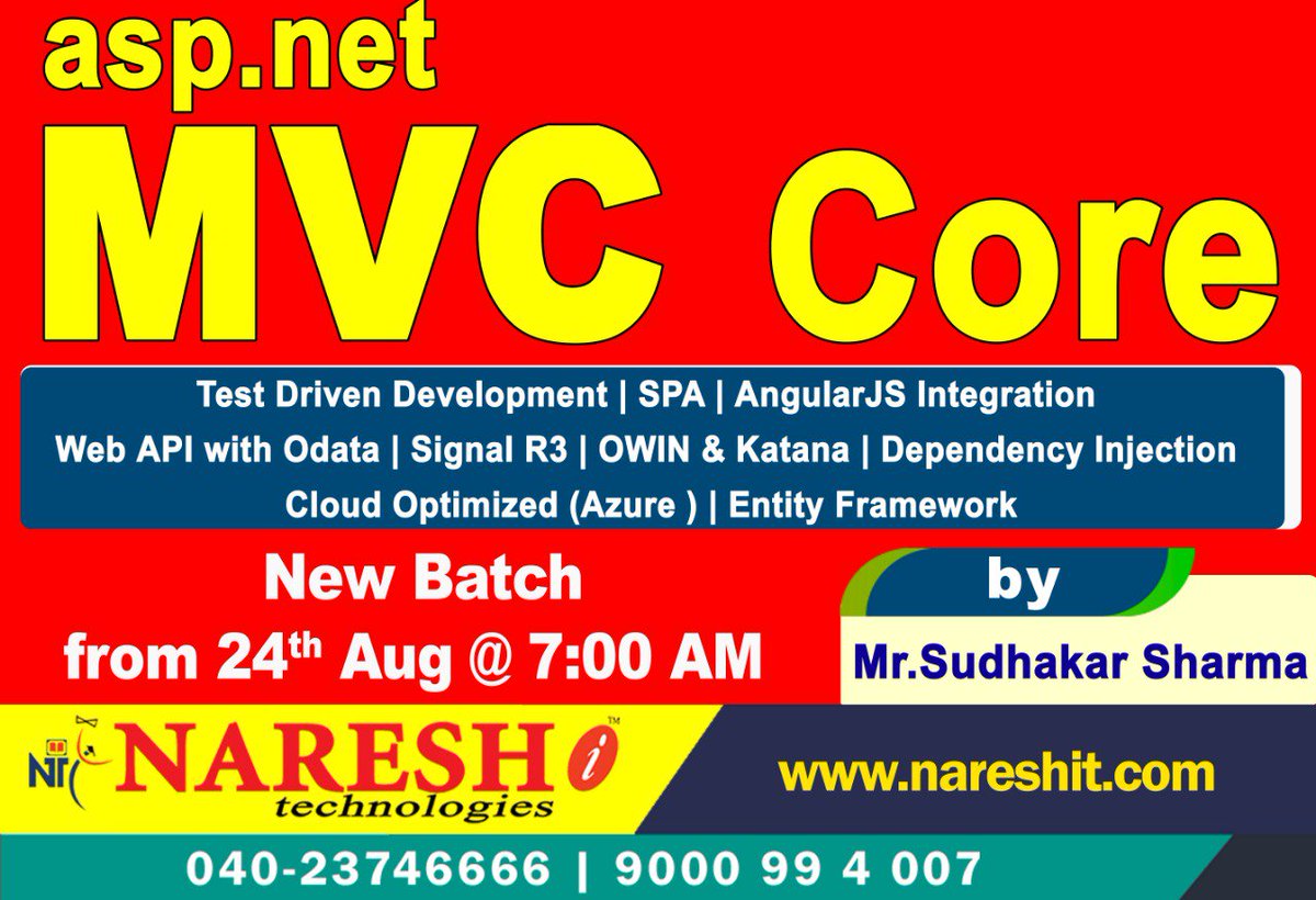 nareshitechno's tweet image. Learn Asp.Net with MVC Core by Mr. Sudhakar Sharma from 24th Aug @ 07:00 AM
Course Content: nareshit.in/asp-net-mvc-tr…
#AspDotNetMVCTraining #AspDotNetTraining