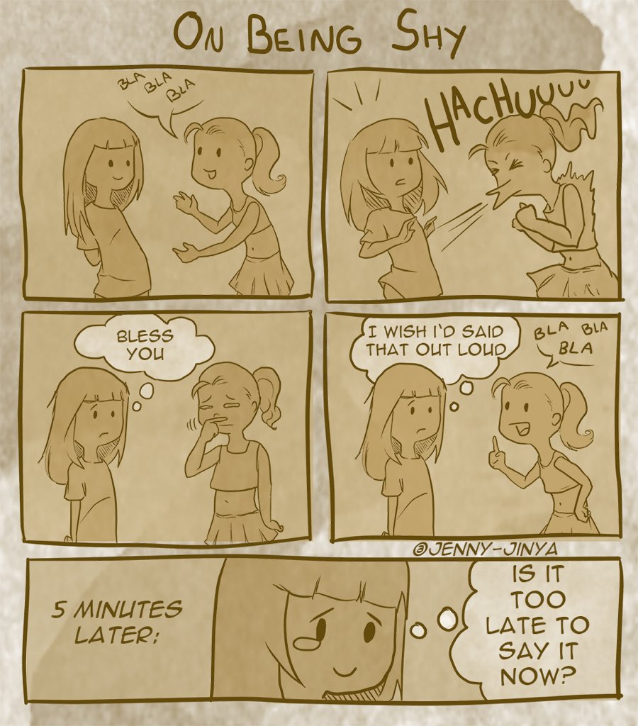 snbcomics's tweet photo. @JennyJinya 😂 Love this on being shy. I can definitely relate to this! #ThursdayThoughts https://t.co/0Yr8i7Gykf https://t.co/lFpOe6DT8E