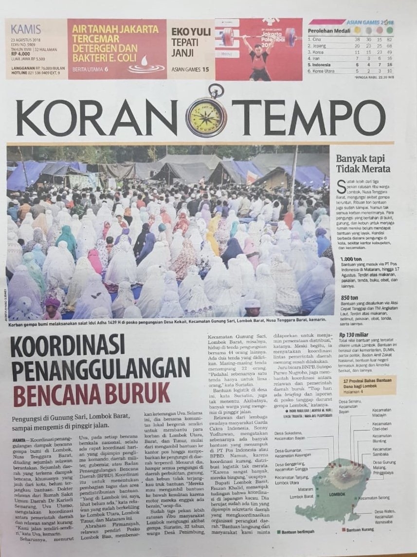 Cobalah media lakukan cek rechek sebelum membuat berita. Jangan bertemu 1 relawan langsung dijadikan kesimpulan &amp; headline. Di Lombok ada 2.408 relawan dari 240 NGO, ormas &amp; organisasi relawan yang terlibat penanganan gempa Lombok. Narsum yg dijadikan berita ini tidak terdaftar.