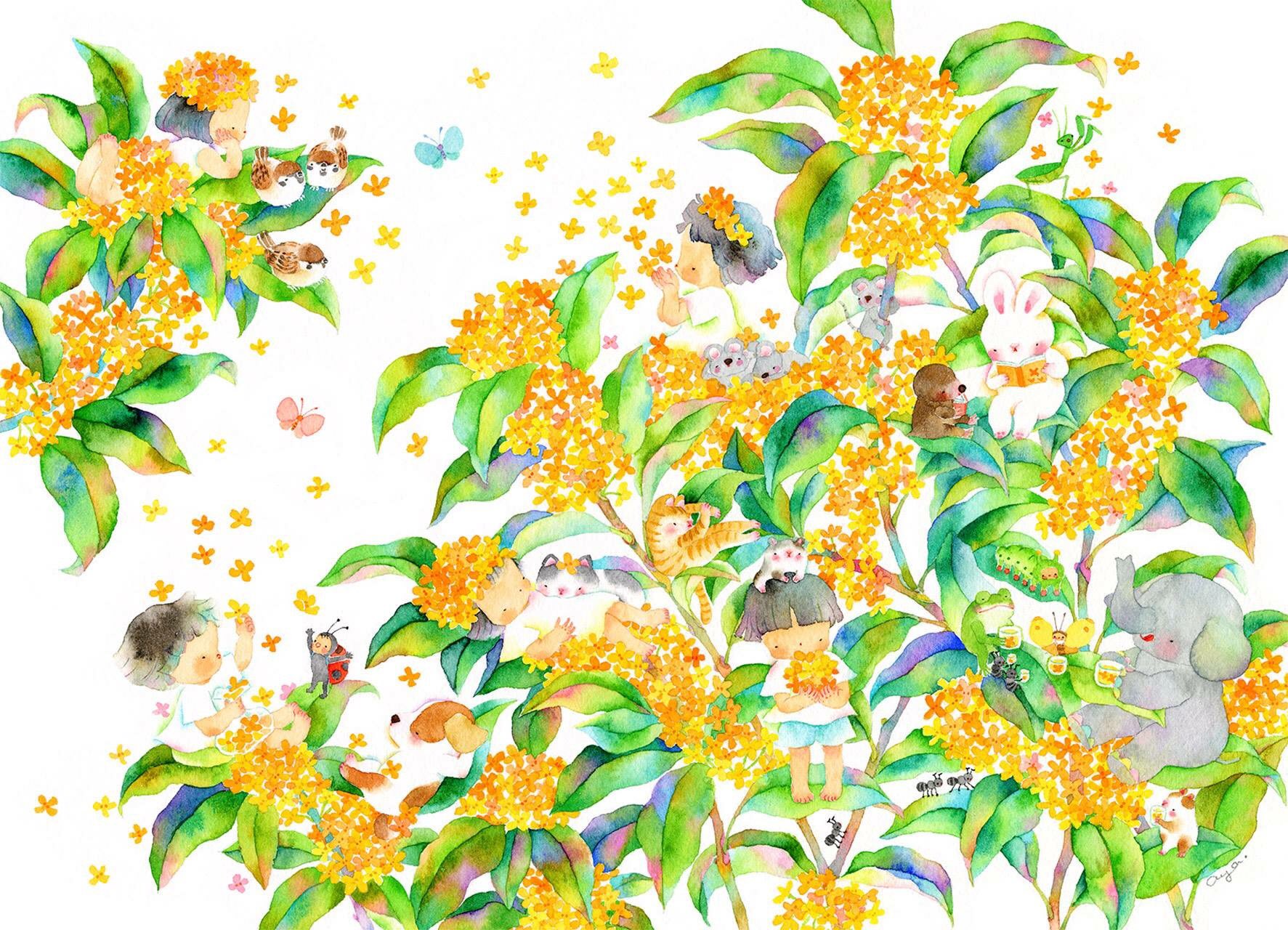 こばやしあや 完成です Osmanthus 絵 水彩画 水彩 透明水彩 イラスト Drawing Illustration Watercolor Art 金木犀 キンモクセイ 香り Osmanthus お茶 Tea 完成 Picture