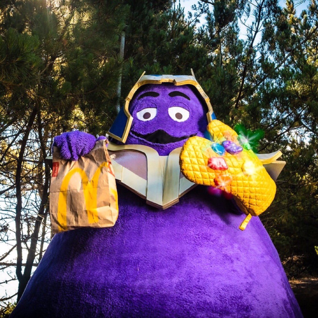 BananaSteveCos's tweet photo. “You were going to bed hungry, scrounging for scraps. Your planet was on the brink of collapse. I'm the one who stopped that. You know what's happened since then? The children born have known nothing but full bellies &amp; clear skies. It's a paradise.” #Grimos #Grimace #Thanos https://t.co/8MV0cgOmWV