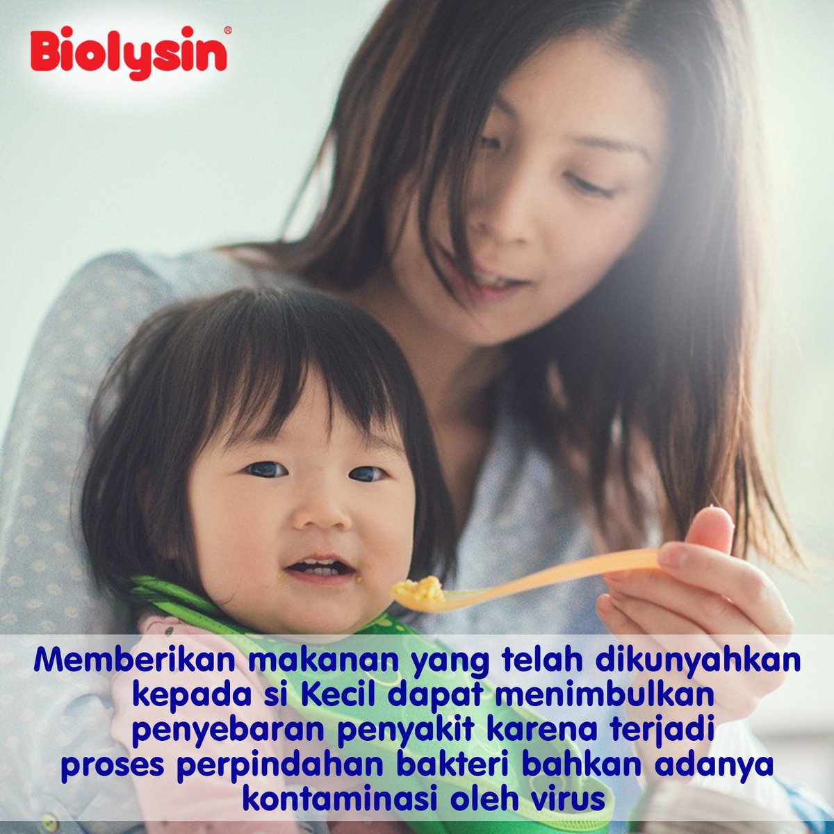 Biolysin_Series's tweet photo. Beberapa orangtua memiliki kebiasaan mengunyahkan makanan sebelum diberikan ke si Kecil.
Tujuannya agar lebih mudah untuk ditelan. Padahal, hal ini tak dibenarkan dari sisi kebersihan. Rongga mulut mengandung banyak kuman. Bila diberikan pada si Kecil bisa menyebarkan penyakit. https://t.co/LIcDC4tYbq