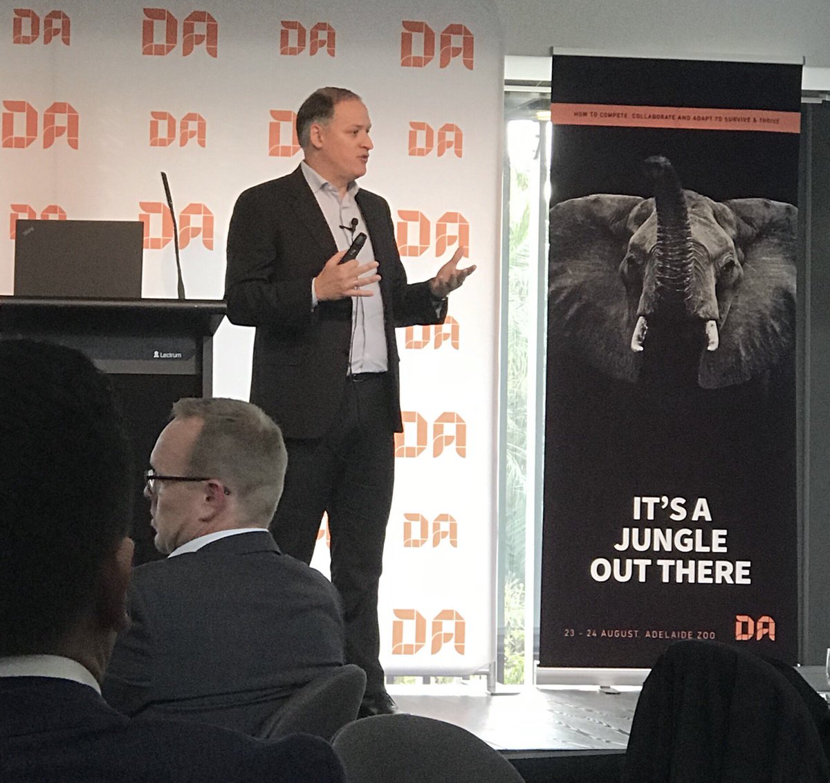 DataAction's tweet photo. Ian Pollari of KPMG speaking about collaboration and #fintech at the 2018 DA Client Conference #DataAction https://t.co/Ho7ybUC8nM