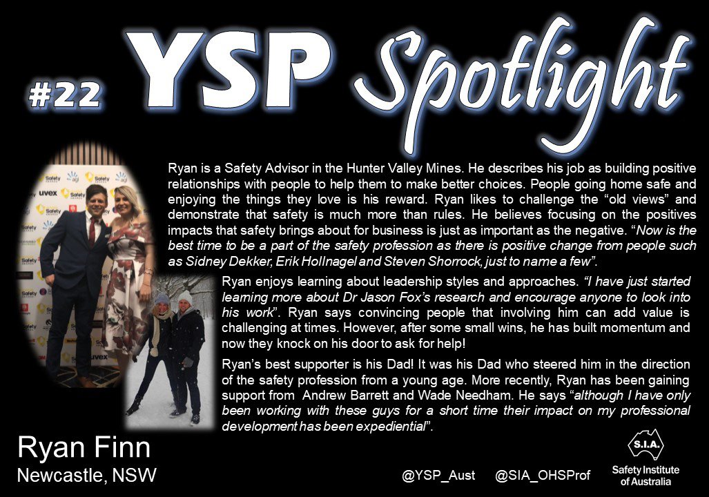 Today, Ryan Finn is in the #yspspotlight (Profile 22)
Shout out to Ryan's Dad for being an awesome supporter!
<a href="/FidesaAndrew/">Andrew Barrett</a> &amp; <a href="/edawneedham/">Wade Needham</a> get a mention too.
<a href="/YSP_Aust/">Young Safety Pro</a> @SIA_OHSProf #aw2aw
Get yourself in the spotlight - email: yspinfo@sia.org.au