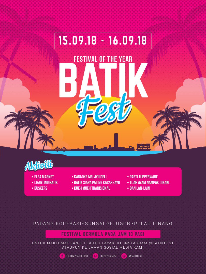 nisakasnoon's tweet photo. Selamat Pagi semua!!
Salam AidilAdha.

Peminat #Batik, ayuh kita sama-sama meriahkan #BatikFest . 

Santai &amp; Chill pakai Batik enjoy the event.
Buat para usahawan, khususnya di Penang apa kata join BatikFest.
Dengaq tapak still available. Free pulak tu.
Meriah wei.

#ThisIsPenang https://t.co/kRTWQrvRTQ