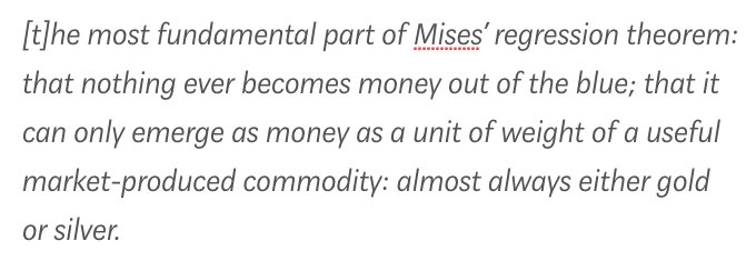 4/ Murray Rothbard, the irrepressible student of the great Austrian economist Ludwig von Mises, even went so far as to assert that money can ONLY arise if it begins as a useful commodity, such as gold or silver. (c.f.:  https://mises.org/library/complete-libertarian-forum-1969-1984)