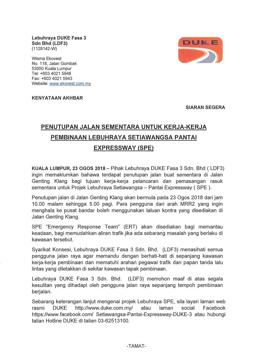 spehighway's tweet photo. Terdapat penutupan jalan buat sementara di Jalan Genting Klang bermula pada 23 Ogos 2018 dari jam 10.00 malam sehingga 5.00 pagi.
Kami ingin menasihati semua pengguna jalan raya agar memandu dengan berhati-hati di sepanjang kawasan kerja-kerja pembinaan dan mematuhi arahan. https://t.co/Dueytzen7o