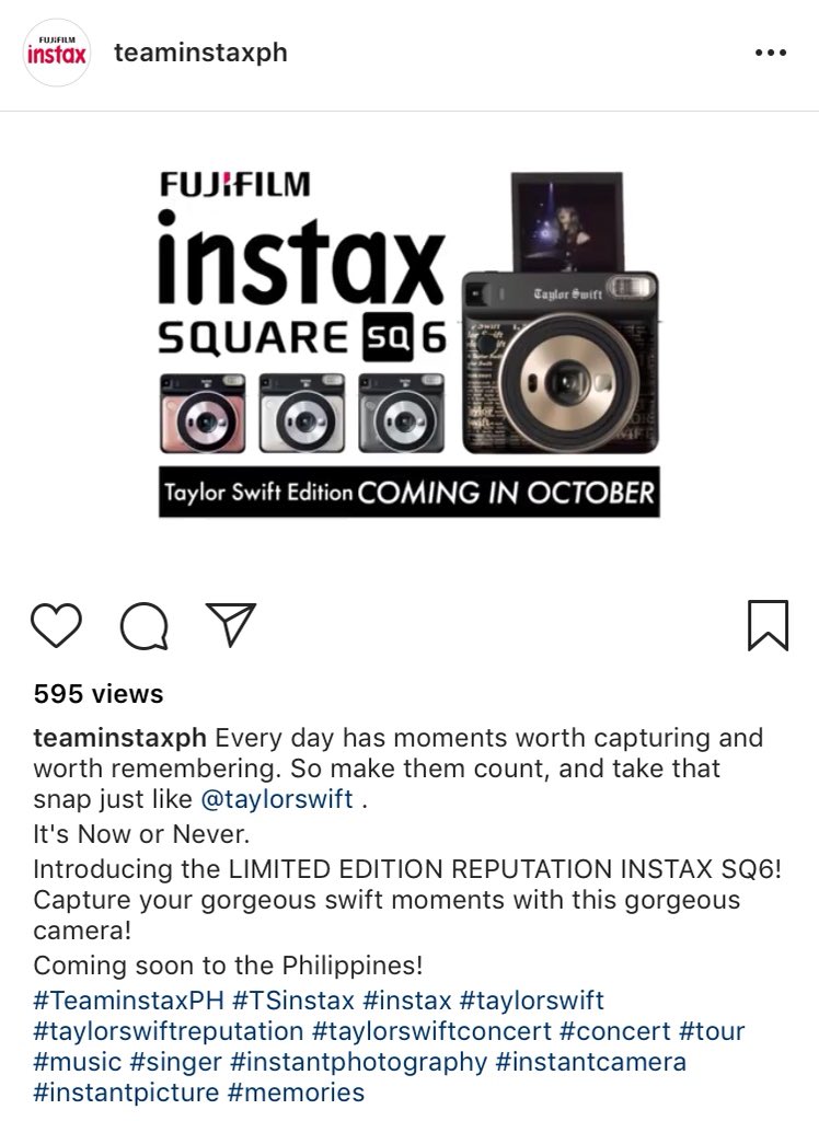 tswiftph's tweet photo. Fujifilm Instax Philippines has confirmed that the limited edition @instaxHQ SQ6 @taylorswift13 edition will be coming soon to the Philippines! 😍📸 https://t.co/c1UaDuD234