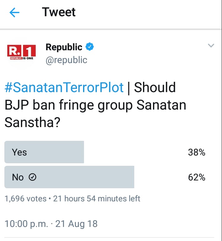 NehaliShimpi's tweet image. @republic 
The Nation Wants to know why you didn&apos;t displayed the results of polls conducted in the show #SanatanTerrorPlot 
@ganeshtambess
@Gubyad_Snehal
@