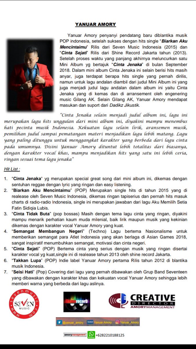 Yanuar_Amory's tweet photo. alhamdulilah #musicindonesia #CintaJenaka #MINIAlbum #HITS2018 THANKS Tuhan YME, papa, mama @SEVENESIA @Jikustik @AkaGilang #SahabatAmories #GANJARANHIDUPEPS52 #BattleRound1 #artisindonesia #artispendatangbaru #artis #POP https://t.co/nHo15pFgL4