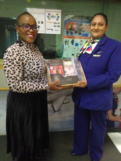 Here is Ushma Galal from SAA, receiving her Scorpio Worldwide hamper, filled with some of our amazing brands, from Palesa Sekane (her Crew Manager) for her excellent sales onboard. Thank you to Ushma and SAA for all of your hard work!!