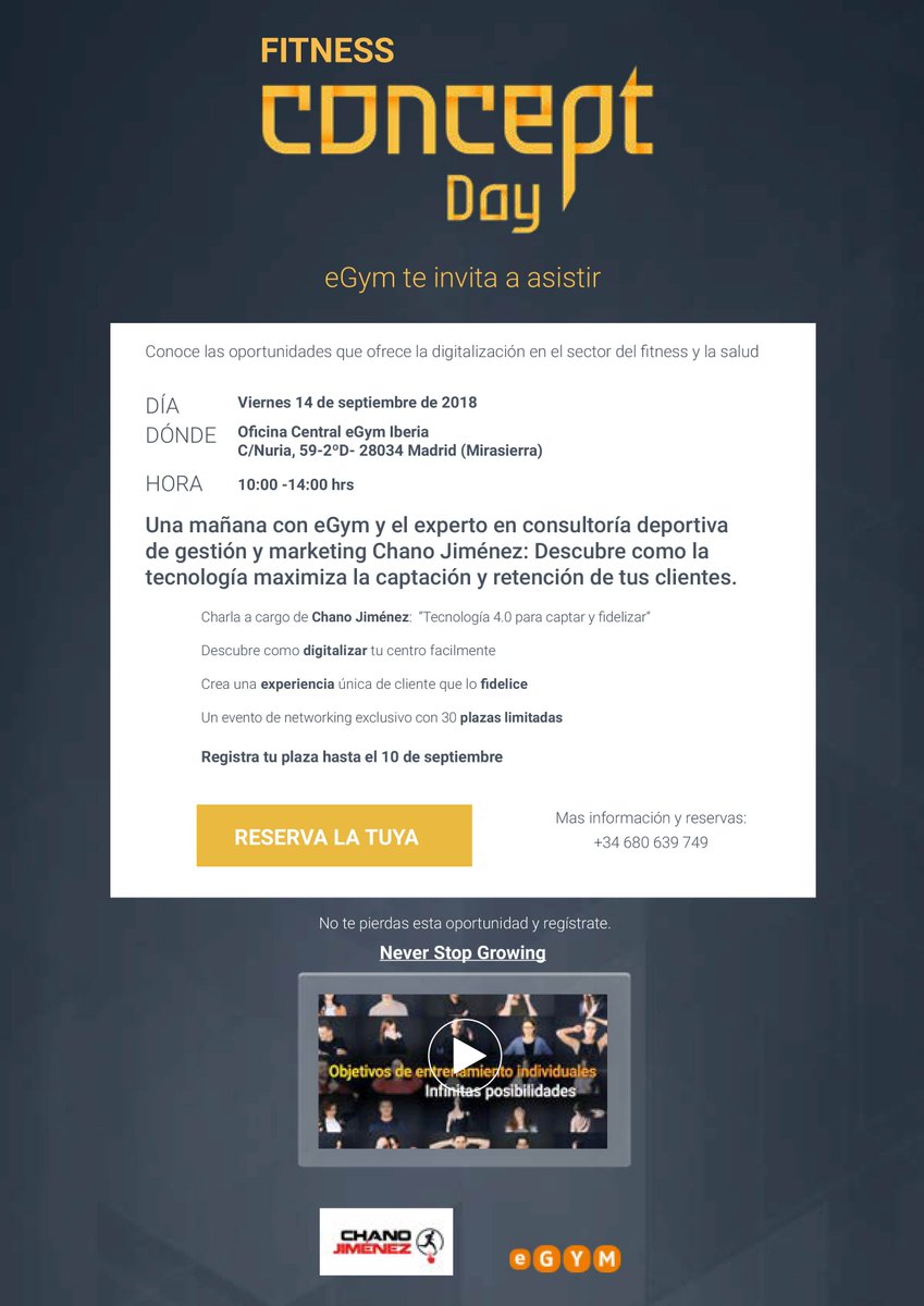 El próximo viernes 14 de septiembre se celebrará una nueva jornada de nuestro Concept Day en la oficina central de eGym Iberia en Madrid. 
Para esta ocasión, contaremos con la presencia del experto en consultaría deportiva de gestión y marketing <a href="/jimenez_chano/">Chano Jiménez</a> . ¡Te esperamos!