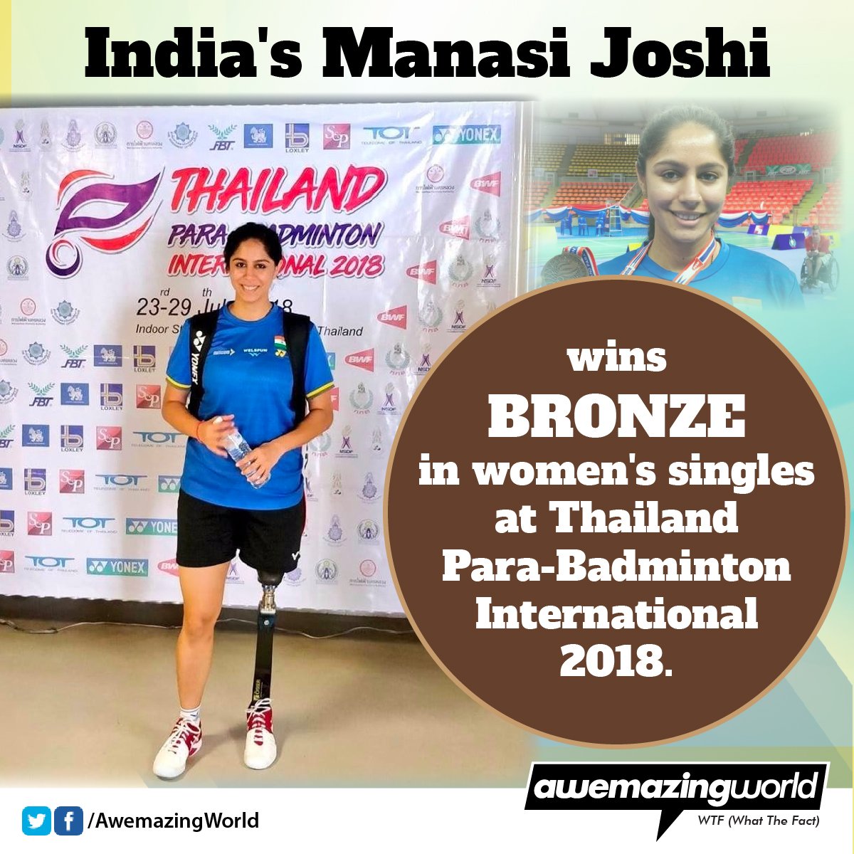 awemazingworld's tweet photo. #AwemazingUnstoppables - India's Manasi Joshi wins women's singles at Thailand Para-Badminton International 2018.

Congratulations @joshimanasi11 on this glorious achievement

#Badminton #WomenInSport https://t.co/QXdS9LhdVx
