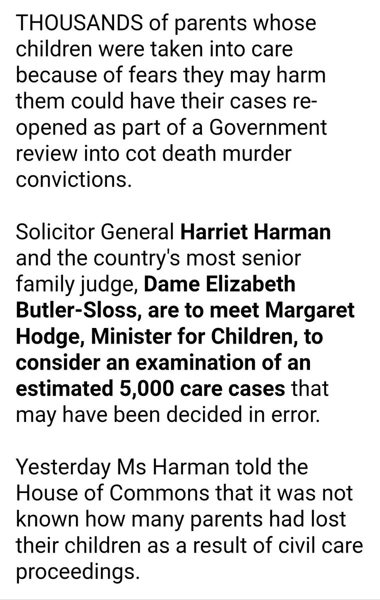 What a trio...what a coincidence. All three have links with paedophiles: Butler-Sloss, Harriet Harman and Margaret Hodge! https://m.independent.ie/world-news/europe/5000-care-cases-may-be-reopened-in-cot-death-probe-26021201.html