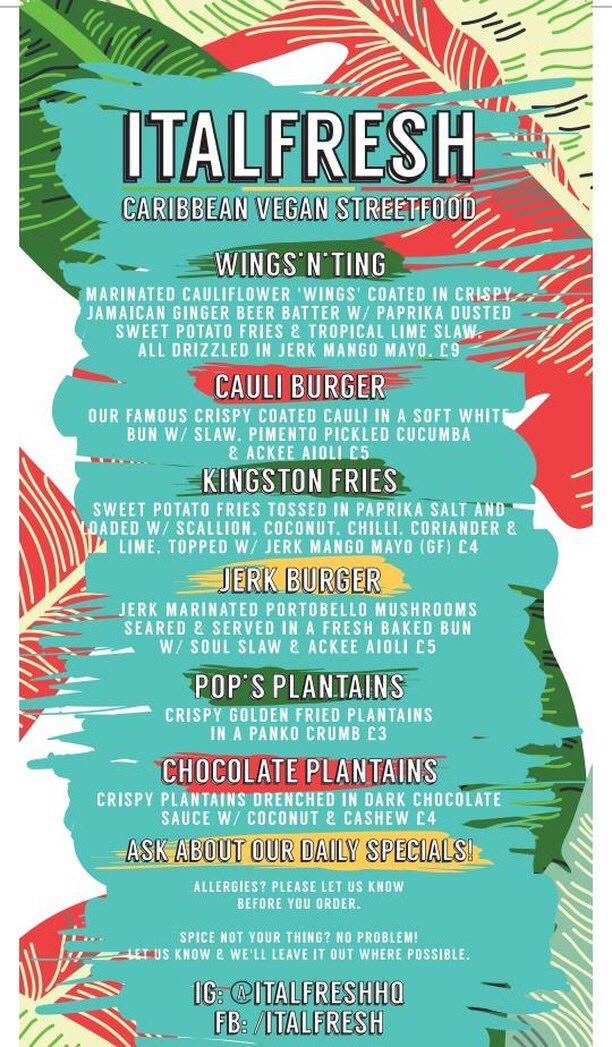 🌱PLANT POWERED MENU ALERT🌱

Vibrant sunshiney Caribbean street food goodness serving this Sunday from <a href="/ItalFresh/">ItalFresh</a>! 
Drizzled in their signature sauces mango mayo and ackee aioli, gorgeous AF!