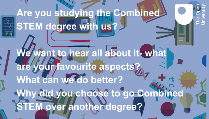OU_STEM's tweet photo. Share your opinion and help other student decide if the Combined STEM Degree is for them!
If you are studying the Combined STEM Degree with us we'd really like you to email us at STEM-News@open.ac.uk and tell us all about it!
There may even be some #OUSTEMSwag involved for you! https://t.co/CeFtAQKrm5