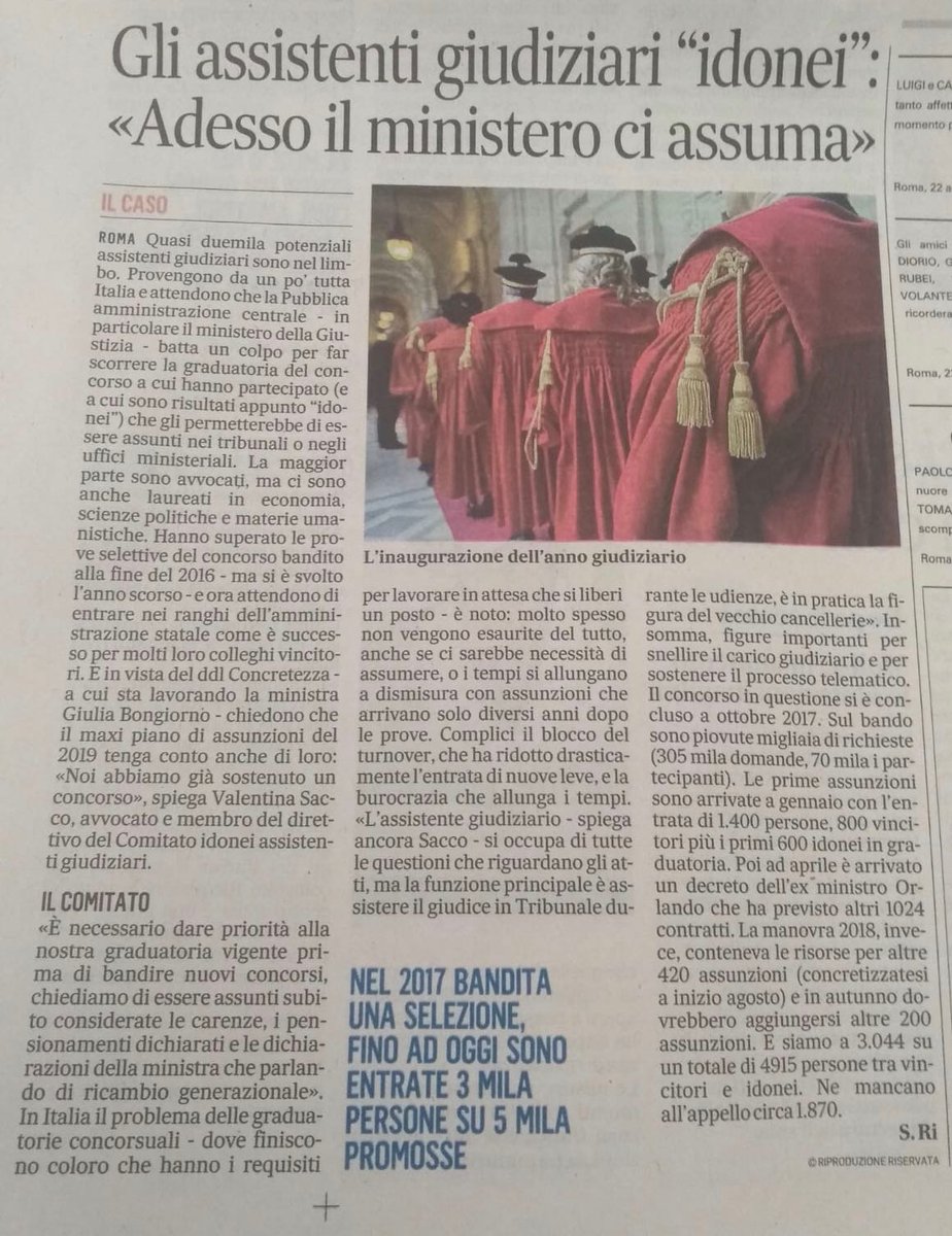 UnAssGiudiziari's tweet photo. Oggi su @ilmessaggeroit gli #idoneiassistentigiudiziari lanciano il loro appello al Governo @GiuseppeConteIT @Palazzo_Chigi @AlfonsoBonafede @gbongiorno66 in vista della #finanziaria2019 : #ScorrimentoTotaleGraduatoria! #solo1800 idonei da assumere #decretoconcretezza #sipuófare https://t.co/U881cSrEuB