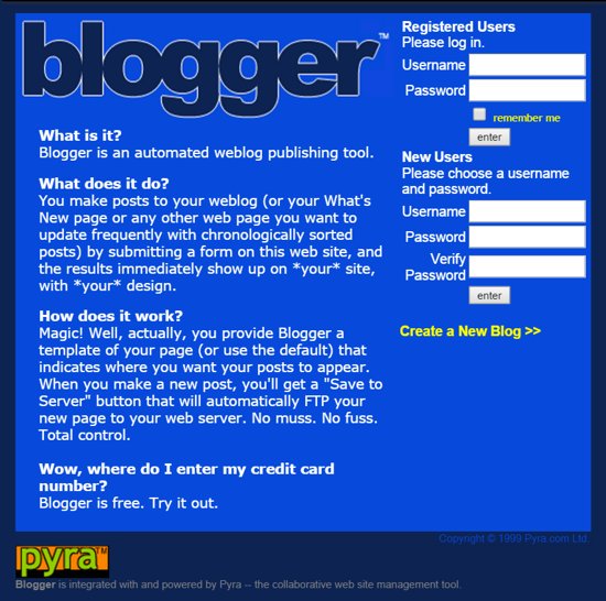 InternetMolaba's tweet image. Tal día como hoy, un 23 de agosto de 1999 la empresa Pyra Labs lanzaba Blogger un servicio web de blogs que permitía tener un blog sin saber programar. En febrero de 2003 @google compró Pyra Labs e integró Blogger gratuitamente en su plataforma. #efeméridesMolonas