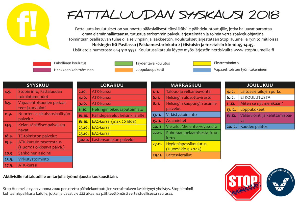 Fattaluudassa ollaan palailtu lomilta ja päästy heti syksyn työtehtävien kimppuun. Uusi Fattaluuta-koulutus alkaa 4.9. ja ohessa syksyn koulutuskalenteri. Lisäinfoa löytyy @StopHuumeillery Facebookista. #vertaispalveluohjaus #koulutus