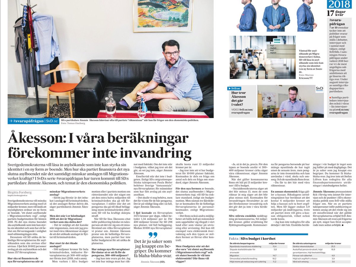 För den som överväger att rösta på SD och som imponeras av Jimmie Åkesson. Läs detta haveri till intervju och inse hur uselt förberedda SDs budgetarbete är. ”Räknenissarna” kan alltså sen bli de som ska hantera just dina skattepengar, om du nu vill ha valuta för dem
#svpol