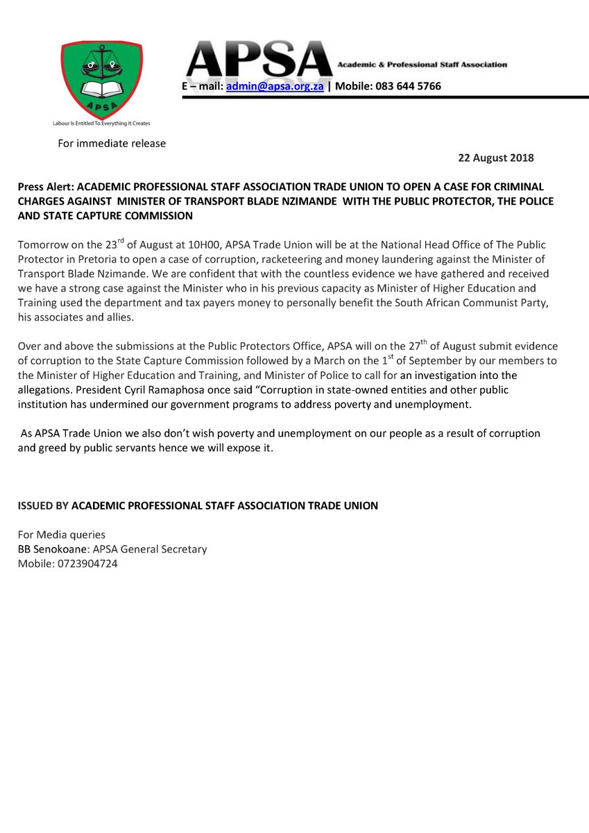 #Corruption Must Fall!! #Corruption Must Fall!!! #BladeNzimande Must Fall!!!
#PressRelease!!!
<a href="/pretorianews/">Pretoria News</a> <a href="/ewnupdates/">Eyewitness News</a> <a href="/IOL/">IOL News</a> @SABCNewsOnline <a href="/SAgovnews/">@SAgovnews</a>