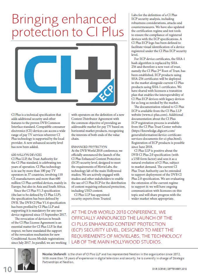 DVB_Project's tweet photo. Nicolas Stefanelli of @NEOTION writes about CI Plus Enhanced Content Protection in the latest issue of DVB Scene mag. https://t.co/qACMrjkNc5 #CIPlus #DVB https://t.co/3aQQ4JrARa