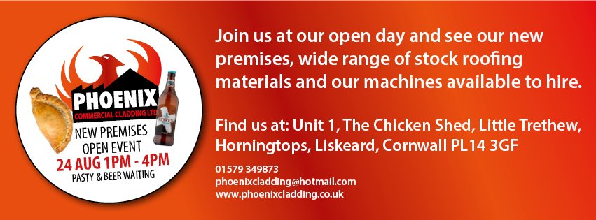 PhoenixCladding's tweet image. Come along to our open event tomorrow at our new premises, browse the stock, see the facilities and machinery and enjoy a pasty &amp;amp; beer #liskeard #Construction #roofing #cladding facebook.com/events/2026716…