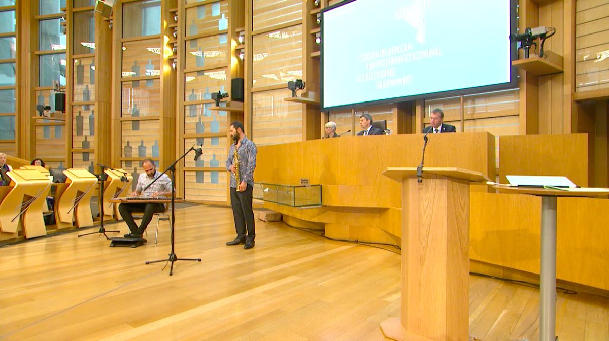 CultureSummit's tweet photo. Musicians Feras Charestan (on the Qanun) and Basel Rajoub (on the Duclar) of @agakhanmusic are currently mesmerising the chamber audience, opening Culture in a Networked World plenary session. #EdCultureSummit https://t.co/6UpmsoKVPz