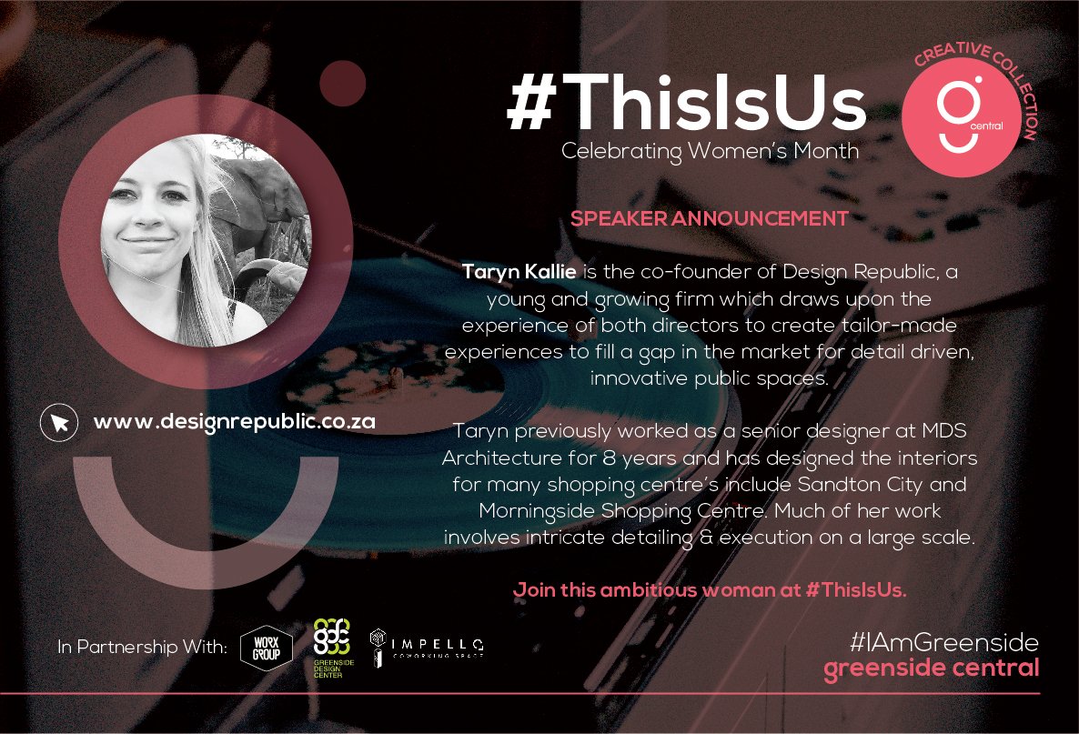 IAmGreenside's tweet image. The #CreativeCollection is all about creating conversations inspired by all kinds of design and we're thrilled to be hearing from Taryn Kallie, co-founder of Design Republic, a young and growing firm creating tailor-made experiences. Join her at #ThisIsUs.