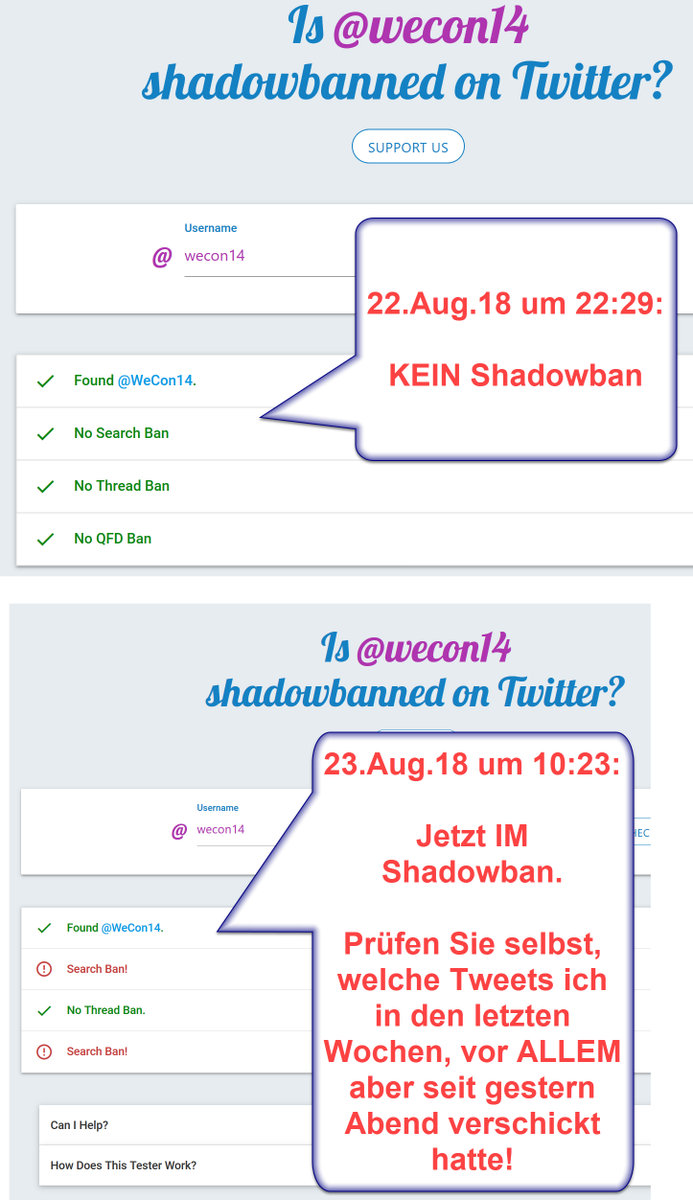WeCon14's tweet photo. "Die SECHS VERBOTENEN Tweets"?

Gestern Abend war ich noch OHNE #Twitter's #Shadowban. Dann setzte ich 6 offenbar "verbotene" "Friedens"-Tweets ab (ich werde sie hier im Thread nochmal anhängen). Und kurz danach BIN ich im Shadowban.

Frieden unerwünscht??

#Zensur-ähnl. https://t.co/agDT2VGmV7