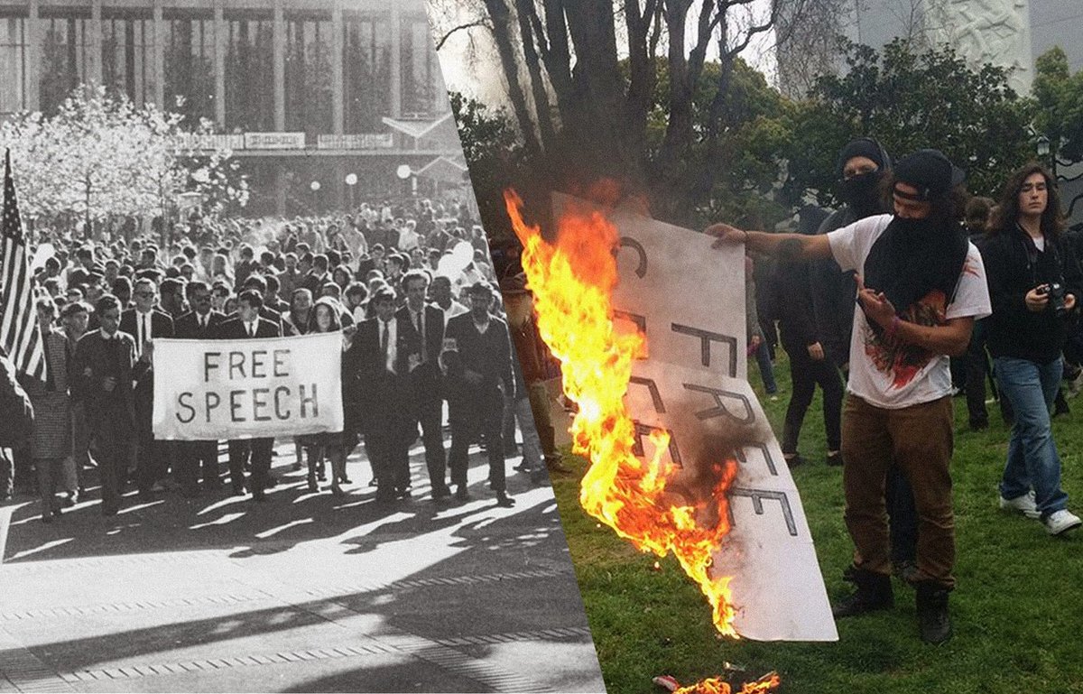 TakeOurMedia's tweet photo. .@ChuckTodd
#BerkeleyProtest
Right photo is from the Berkeley fascist anti-speech antiFA riots in 2017 that were spawned incubated and nurtured by Globalist owned #ABC #CBS #NBC #CNN and #FOX
Left photo is from 1960s, before Globalists took control of ABC CBS NBC CNN and FOX https://t.co/5PIVKUZTNl