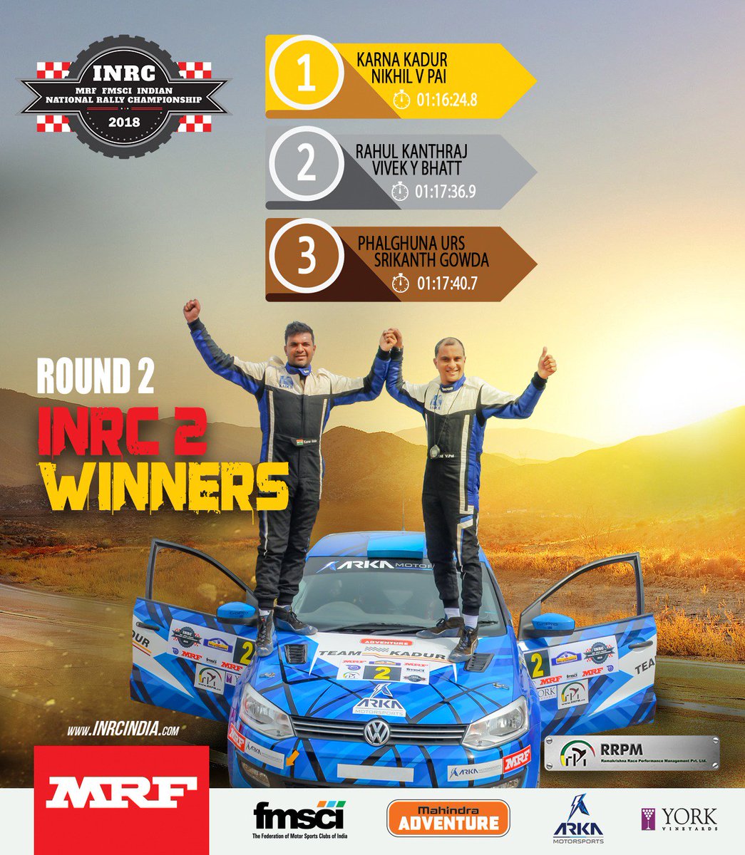 .<a href="/KarnaKadur/">Karna Kadur</a> &amp; <a href="/nikhilvpai/">Nikhil V. Pai</a> won the INRC 2 category of the MRF #RallyofCoimbatore, Round 2 of the #MRF #FMSCI #INRC 2018. Congratulations to all the winners. #MahindraAdventure #ArkaMotorsports #York