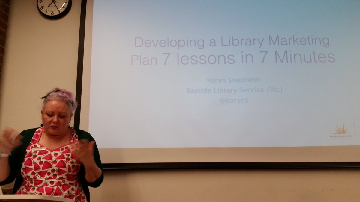 miss__morticia's tweet photo. Now up @KarynS telling us about 7 #LibraryMarketing lessons in 7 mins #APLIC18 #aplicleftbehind @ALIAVic https://t.co/Qk4aziRUTs