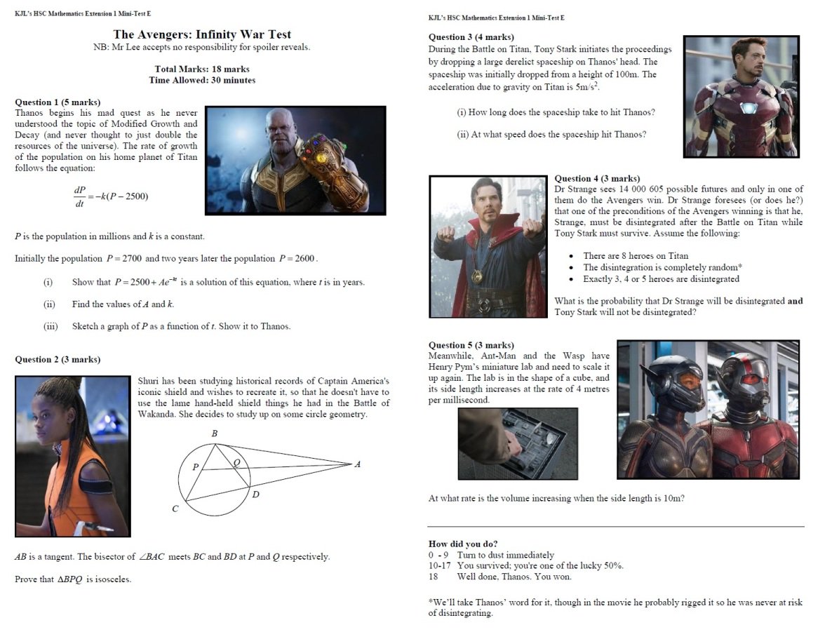 Acceding to popular demand after a number of MCU-related comments throughout the  year, I ambushed my Year 12s with this, accompanied by the familiar epic theme of Avengers soundtrack music as they walked in. Fortunately, nobody disintegrated.